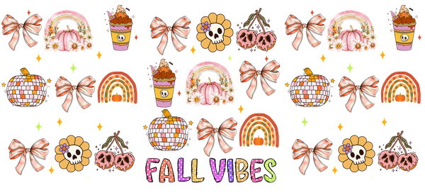 A cheerful collection of fall-themed illustrations featuring pumpkins, rainbows, bows, and cute cups, highlighted by the text "FALL VIBES."UV Transfers heat press transfers