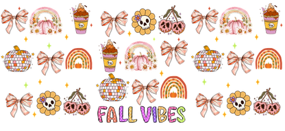 A cheerful collection of fall-themed illustrations featuring pumpkins, rainbows, bows, and cute cups, highlighted by the text "FALL VIBES."UV Transfers heat press transfers