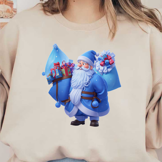 A cheerful blue-clad Santa carries two festive sacks filled with colorful presents, spreading holiday joy and charm.DTF Transfers heat press transfers