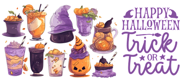 Celebrate Halloween with this festive collection of colorful spooky beverages and treats, featuring pumpkins and playful designs!UV Transfersdtf regular iron