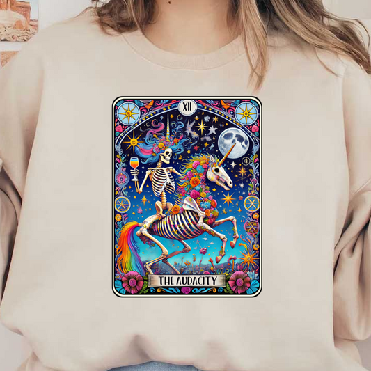 A vibrant, whimsical tarot card titled "The Audacity," featuring a skeleton riding a colorful unicorn amidst a starry night. dtf prints
