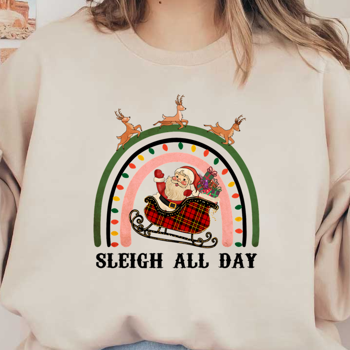 Celebrate the holiday spirit with this whimsical depiction of Santa in a plaid sleigh, flying with playful reindeer under colorful lights. dtf transfers