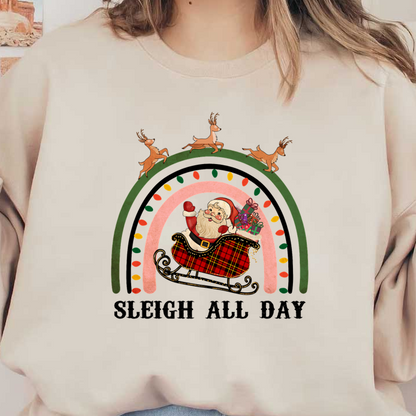 Celebrate the holiday spirit with this whimsical depiction of Santa in a plaid sleigh, flying with playful reindeer under colorful lights. dtf transfers