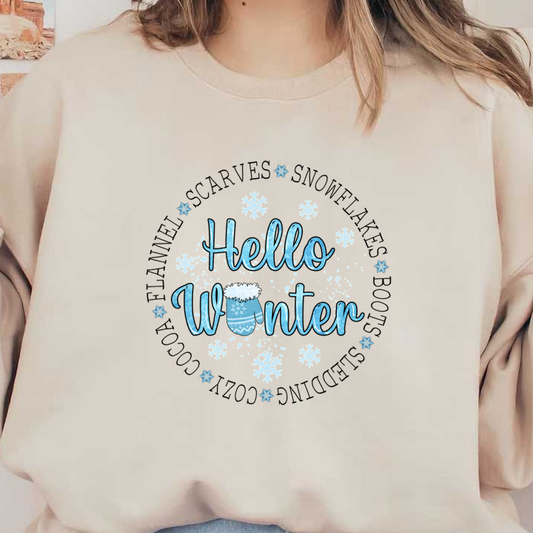 Celebre la temporada con este encantador diseño "Hola invierno" que incluye un guante acogedor y copos de nieve.