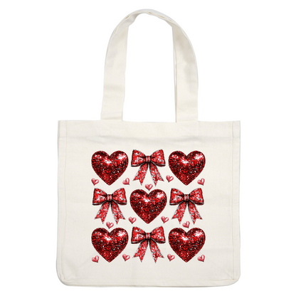 A vibrant collection featuring shiny red hearts and bows, all adorned in a mosaic style, perfect for celebrating love.DTF Transfers