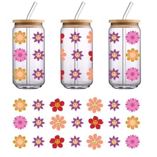 A vibrant pattern of cheerful flowers with smiling faces in a variety of colors, perfect for a joyful decoration!UV Transfers dtf prints