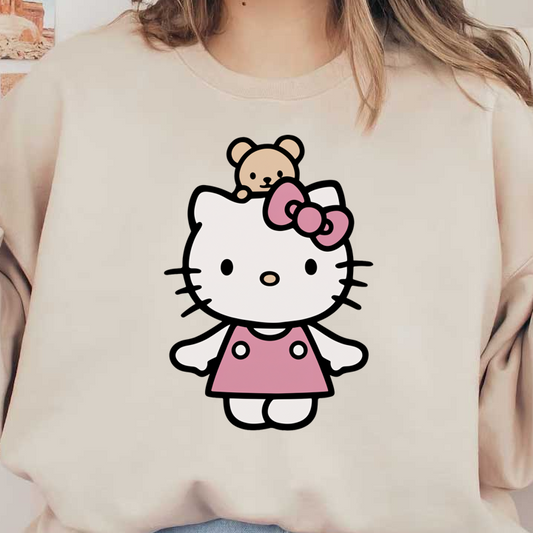 Cute illustration of Hello Kitty in a pink dress, adorned with a bow, with a small bear perched on her head.DTF Transfers heat press transfers