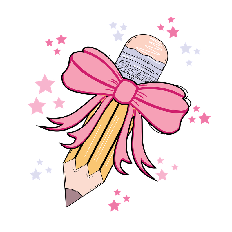 A cute pencil adorned with a pink bow and surrounded by colorful stars, perfect for adding charm to your stationery collection!DTF Transfers