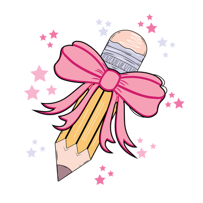 A cute pencil adorned with a pink bow and surrounded by colorful stars, perfect for adding charm to your stationery collection!DTF Transfers