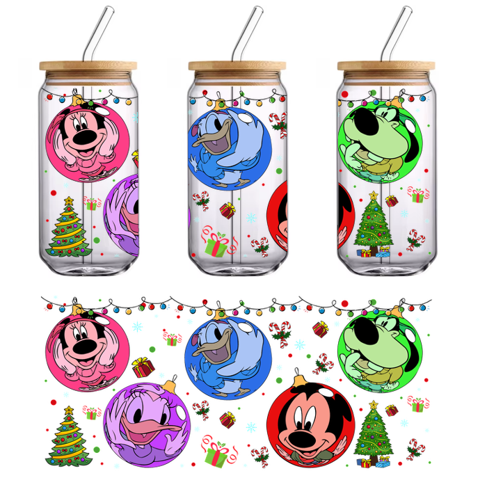 Celebrate the holidays with these vibrant cartoon Christmas ornaments featuring Mickey, Minnie, Donald, and Goofy in festive colors!UV Transfers dtf transfers