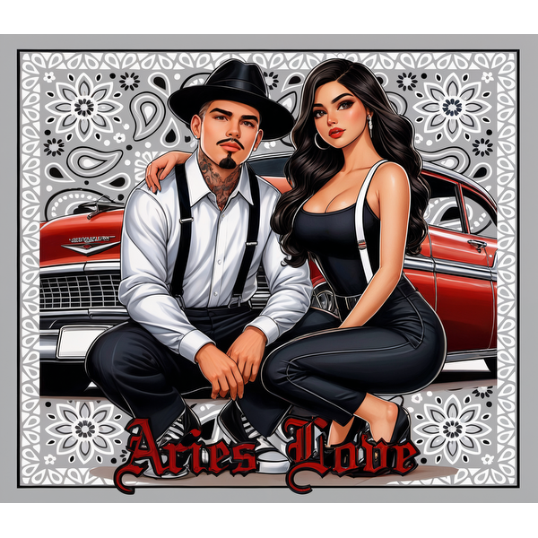 A vibrant artwork featuring a stylish couple dressed in black and white, set against a classic car backdrop and floral patterns. heat press transfers