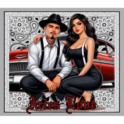 A vibrant artwork featuring a stylish couple dressed in black and white, set against a classic car backdrop and floral patterns. heat press transfers