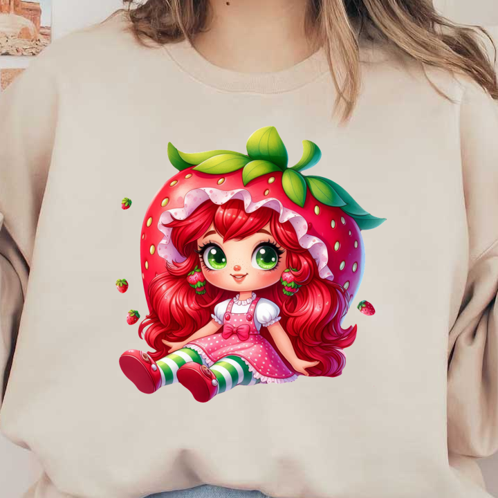 A whimsical character featuring vibrant red hair styled like a strawberry, dressed in a pink polka dot dress and striped leggings.DTF Transfers