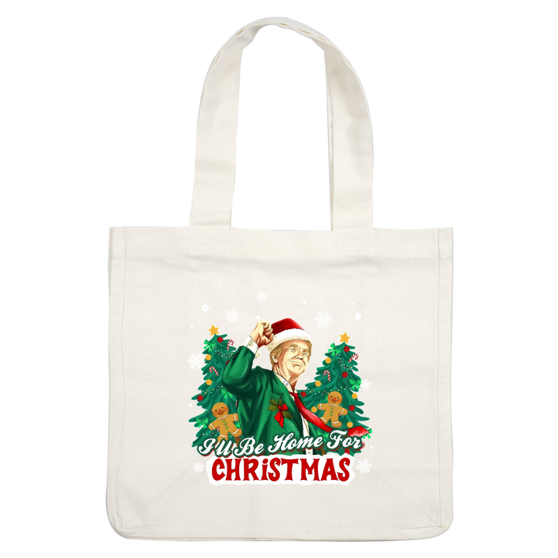 A festive graphic featuring a joyful character in a green sweater and Santa hat, celebrating Christmas with gingerbread cookies and decorated trees.DTF Transfers heat press transfers dtf transfers