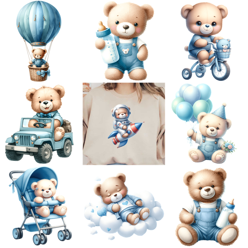 Cute teddy bear illustrations in pastel colors, perfect for baby showers.DTF Transfers