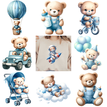 Cute teddy bear illustrations in pastel colors, perfect for baby showers.DTF Transfers