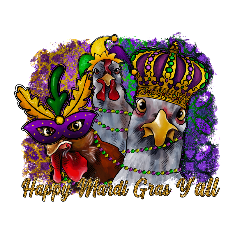 Celebrate Mardi Gras with this vibrant illustration featuring festive chickens adorned with masks, crowns, and colorful beads!DTF Transfers