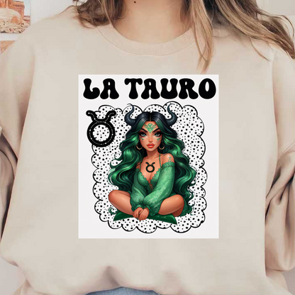 Una ilustración vibrante de una figura misteriosa con cabello y cuernos verdes, vestida con un traje verde fluido, que encarna el zodíaco Tauro.