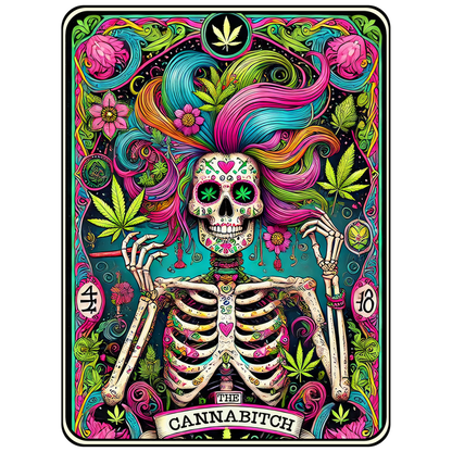 Una obra de arte vibrante y colorida que presenta una mujer esqueleto rodeada de hojas y flores de cannabis, titulada "The Cannabitch".