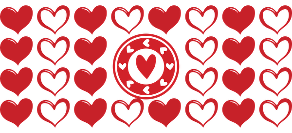 A vibrant pattern featuring various red hearts, with a central circular design showcasing smaller hearts inside.UV Transfers dtf prints