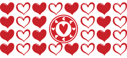 A vibrant pattern featuring various red hearts, with a central circular design showcasing smaller hearts inside.UV Transfers dtf prints