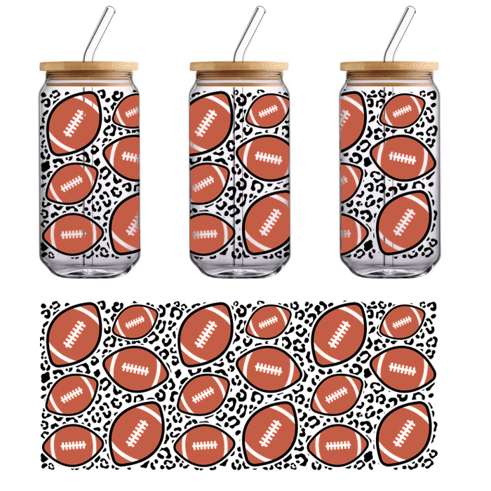 A playful pattern of brown footballs featuring white laces, perfect for sports-themed designs or decor.UV Transfers dtf transfers