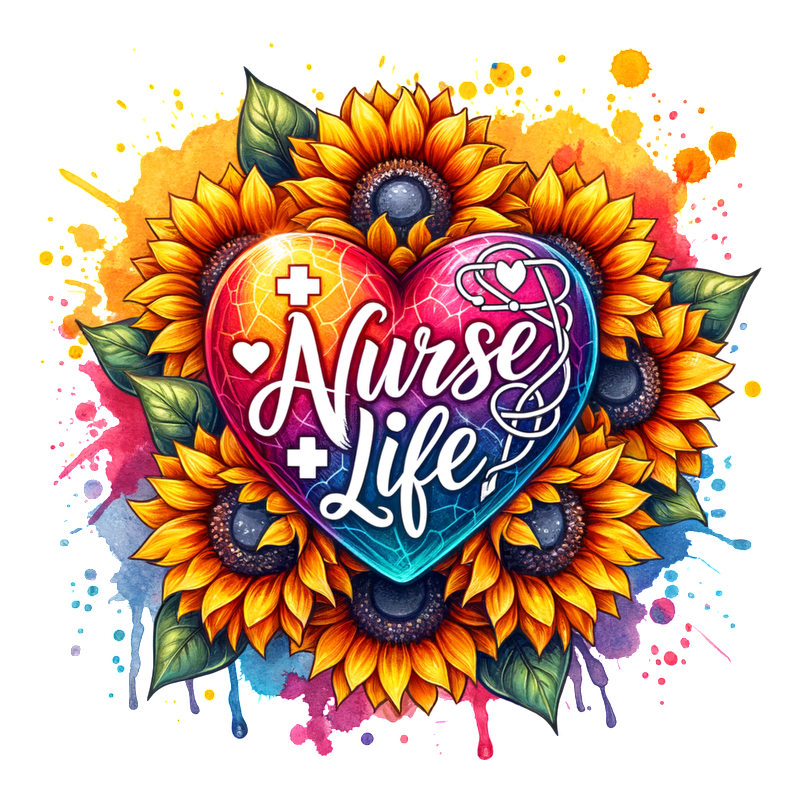 Vibrant floral design featuring a heart with "Nurse Life" text, symbolizing dedication to nursing with colorful sunflowers and medical elements.DTF Transfers