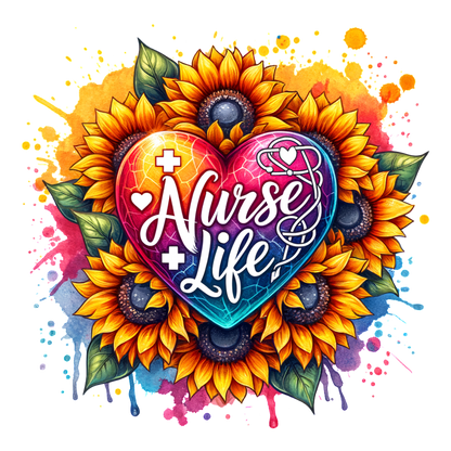 Vibrant floral design featuring a heart with "Nurse Life" text, symbolizing dedication to nursing with colorful sunflowers and medical elements.DTF Transfers