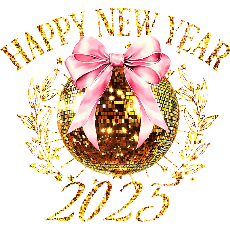 Celebrate the New Year with a sparkling golden disco ball, adorned with a pink bow, and surrounded by festive wishes for 2025!DTF Transfers heat press transfersdtf regular iron