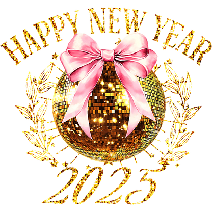 Celebrate the New Year with a sparkling golden disco ball, adorned with a pink bow, and surrounded by festive wishes for 2025!DTF Transfers heat press transfersdtf regular iron