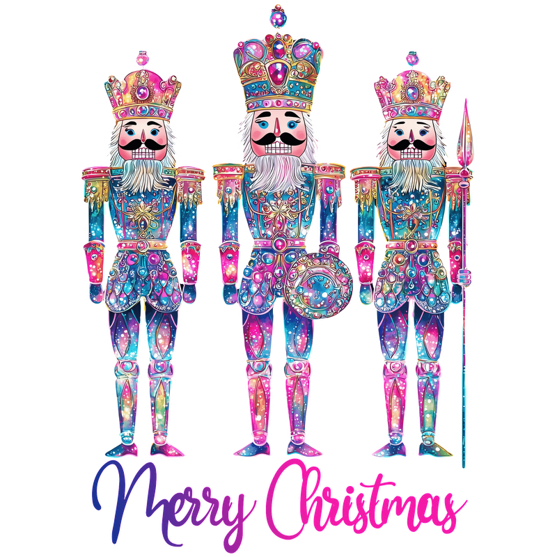 Three colorful, festive nutcracker figurines adorned with jewels and crowns, celebrating the holiday spirit with a "Merry Christmas" message.DTF Transfers