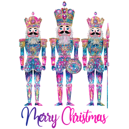 Three colorful, festive nutcracker figurines adorned with jewels and crowns, celebrating the holiday spirit with a "Merry Christmas" message.DTF Transfers