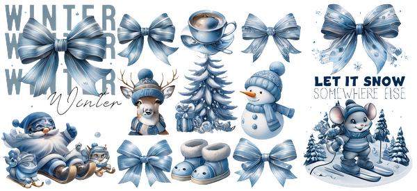 A whimsical collection of blue winter-themed illustrations featuring bows, a snowman, a bear, a Christmas tree, and a cozy Santa.UV Transfers heat press transfers