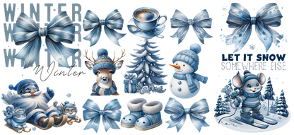 A whimsical collection of blue winter-themed illustrations featuring bows, a snowman, a bear, a Christmas tree, and a cozy Santa.UV Transfers heat press transfers