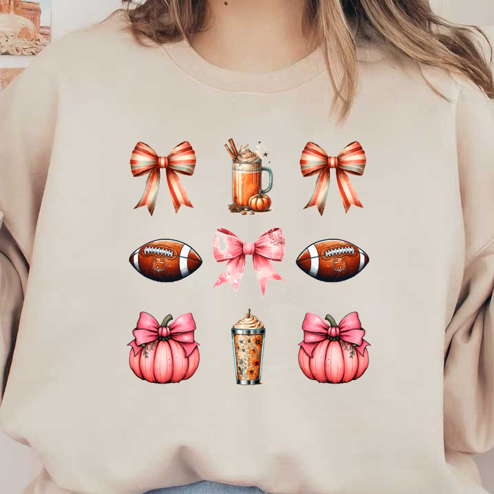 A vibrant collage featuring seasonal elements: bows, pumpkins, footballs, and a creamy drink, perfect for autumn festivities. heat press transfers heat press transfers