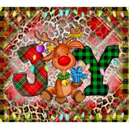 A cheerful cartoon reindeer wearing a festive collar holds a blue gift, surrounded by "JOY" letters and colorful lights.DTF Transfers dtf transfers