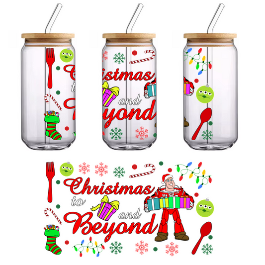 A festive, colorful graphic featuring a robot holding presents, adorned with Christmas-themed decorations and the phrase "Christmas to Beyond."UV Transfers