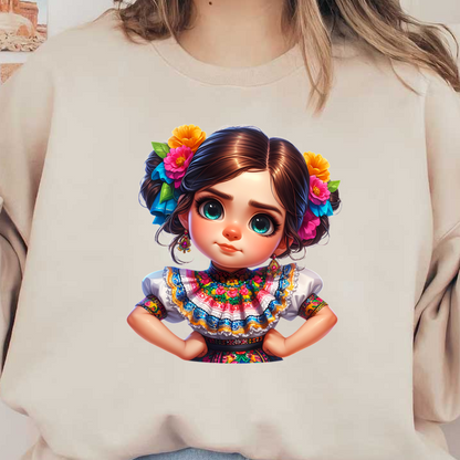 Una linda niña con un vestido mexicano tradicional y colorido adornado con flores, que muestra detalles vibrantes y una expresión divertida.