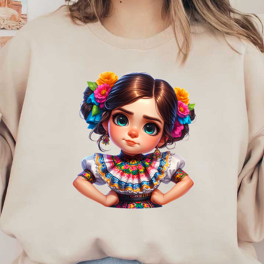 A cute girl in a traditional colorful Mexican dress adorned with flowers, showcasing vibrant details and a playful expression. heat press transfers