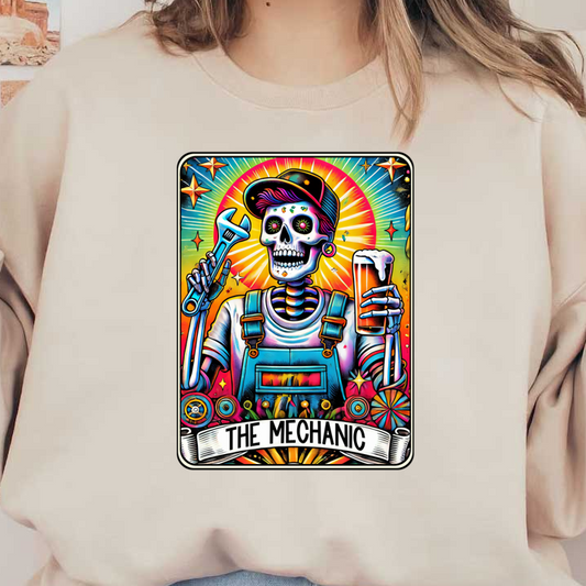A vibrant skeleton mechanic holds a wrench and a beer, set against a colorful, starburst background, labeled "THE MECHANIC."dtf regular iron