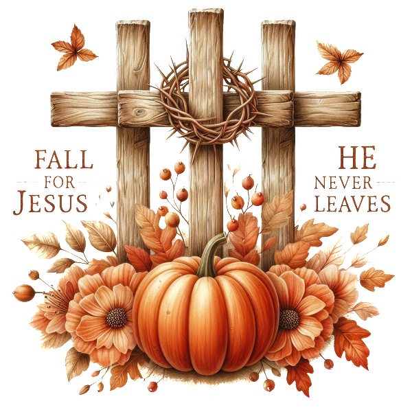 A vibrant autumn-themed artwork featuring wooden crosses, a pumpkin, and flowers, with the uplifting messages "Fall for Jesus" and "He Never Leaves."dtf regular iron