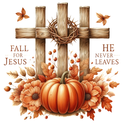 A vibrant autumn-themed artwork featuring wooden crosses, a pumpkin, and flowers, with the uplifting messages "Fall for Jesus" and "He Never Leaves."dtf regular iron