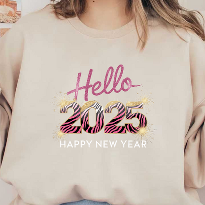 Celebrate the New Year in style with this vibrant "Hello 2025" design featuring glamorous pink and black zebra stripes!DTF Transfers