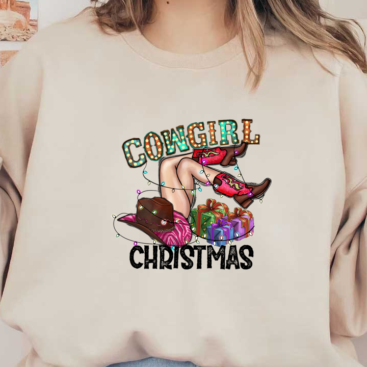 A festive cowgirl illustration featuring colorful cowboy boots, a hat adorned with lights, and vibrant gifts, perfect for the holiday season.DTF Transfers heat press transfers dtf transfers