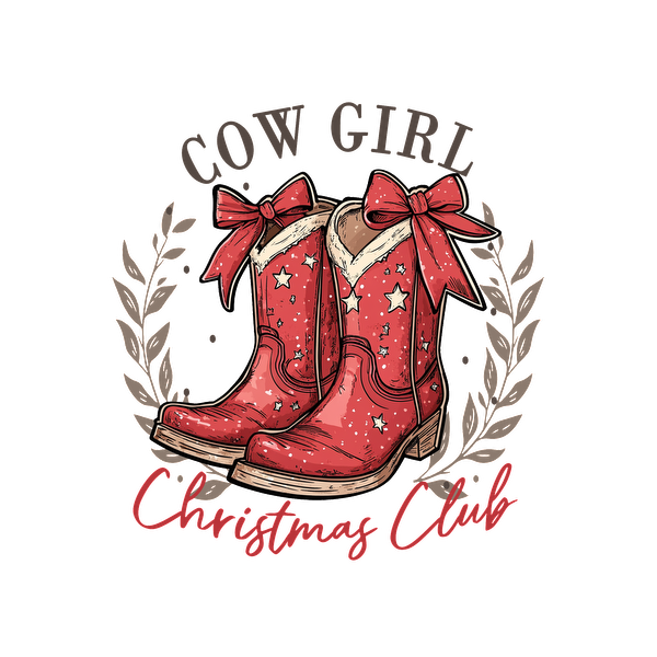 Festive red cowgirl boots adorned with bows and stars, surrounded by a wreath, perfect for the Christmas Club theme. heat press transfers