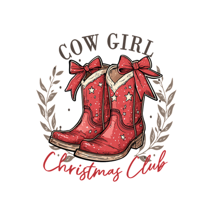 Festive red cowgirl boots adorned with bows and stars, surrounded by a wreath, perfect for the Christmas Club theme. heat press transfers