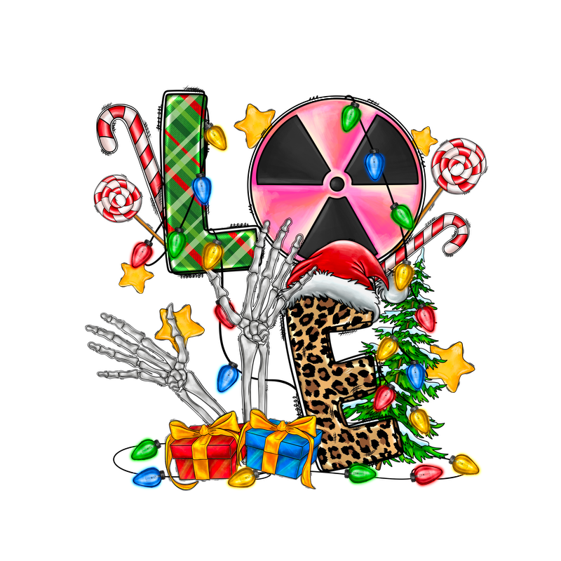 A playful holiday-themed design featuring a skeleton wearing a Santa hat, surrounded by candy canes, Christmas lights, and colorful gifts.DTF Transfers dtf transfersdtf regular iron