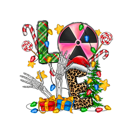 A playful holiday-themed design featuring a skeleton wearing a Santa hat, surrounded by candy canes, Christmas lights, and colorful gifts.DTF Transfers dtf transfersdtf regular iron