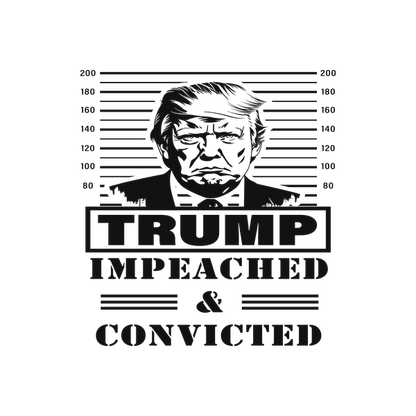 Un gráfico que ilustra una imagen estilo foto policial con el texto "TRUMP IMPEACHED &amp; CONVICTED" (TRUMP ACUSADO Y CONDENADO), resaltando una declaración política controvertida.