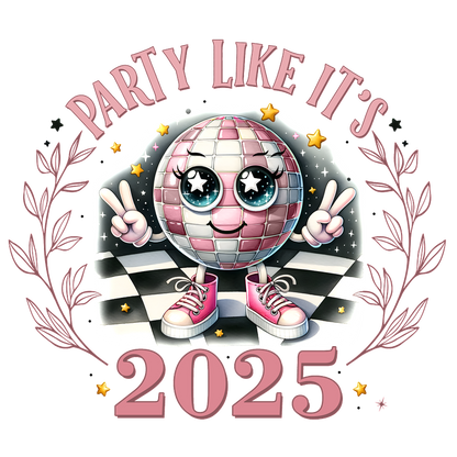 Celebrate in style with this vibrant 2025 graphic featuring a disco ball character, peace signs, and playful sneakers!DTF Transfers dtf prints